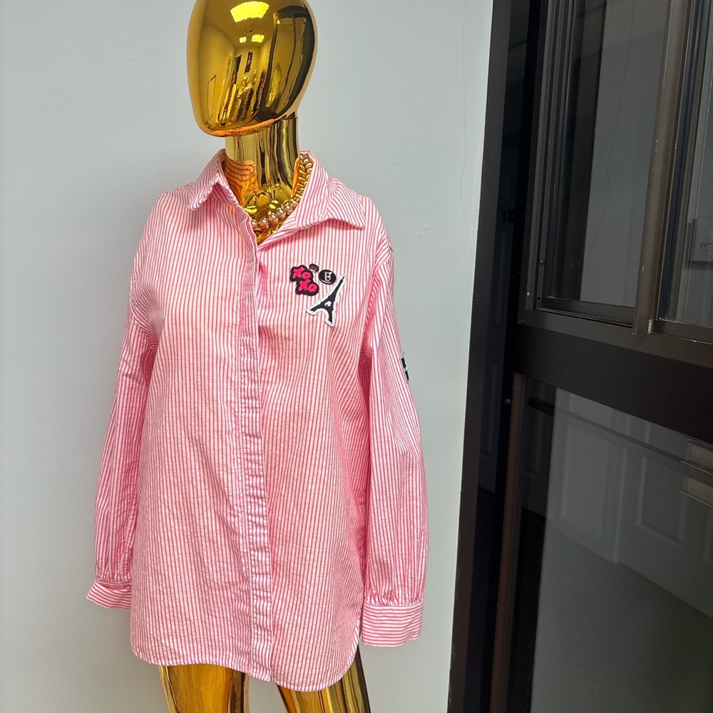 Karl Lagerfeld Pink Striped Shirt with Embroidered Detail